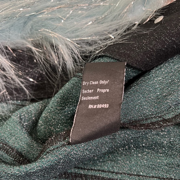 blanc noir Black Maxi Coat with Light Blue Faux Fur Trim - Picture 14 of 15